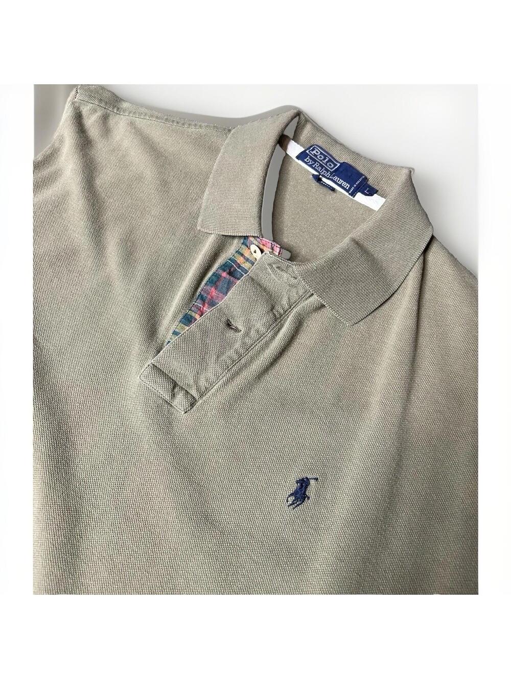 Vintage Polo Ralph Lauren Polo Shirt Khaki Tan Blue Pony Plaid Placket Size L